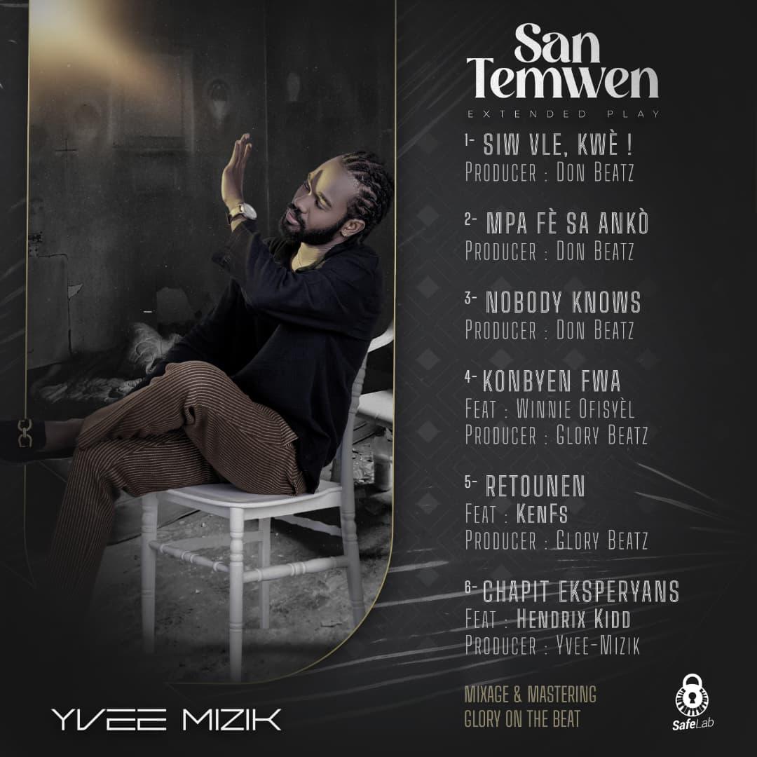 Nou kontan prezante w tracklist premye EP Yvee Mizik la :*San Temwen*. Chak tit se yon istwa diferan ki konekte atis la ak ou, yon fason ou yon lòt.

Randevou demen, 5 Desanm.

#SanTemwen #YveeMizik #SafeLab