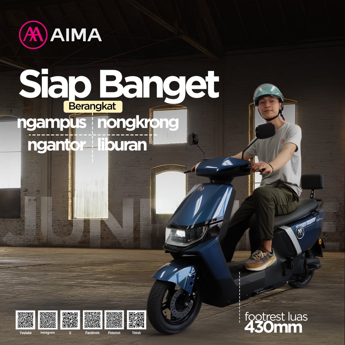 aimaindone's tweet photo. Kemana pun rencanamu hari ini ngampus, nongkrong, ngantor, atau liburan AIMA siap nemenin tanpa ribet Footrest super luas 430mm bikin riding makin nyaman, posisi makin santai, perjalanan makin nikmat.
#aima #aimaindonesia #motorlistrik #sepedalistrik #junprime #kendaraanlistrik https://t.co/QlnxboCg20