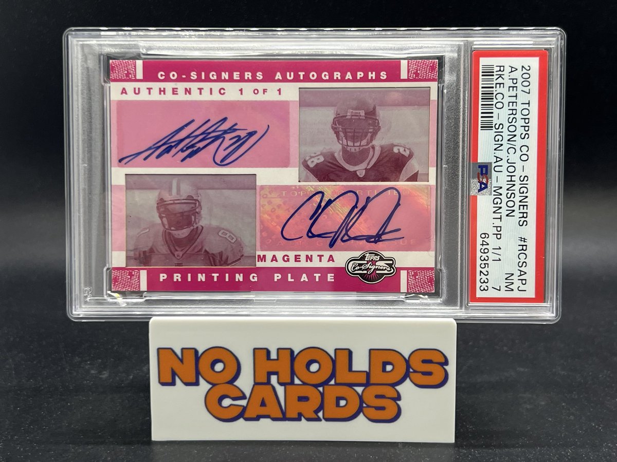 ADRIAN PETERSON CALVIN JOHNSON DUAL 1/1 ROOKIE AUTO 

$3000 

Very few 1/1 duals of them out there; only a booklet has publicly surfaced for sale 

#NOHOLDSALE🐻