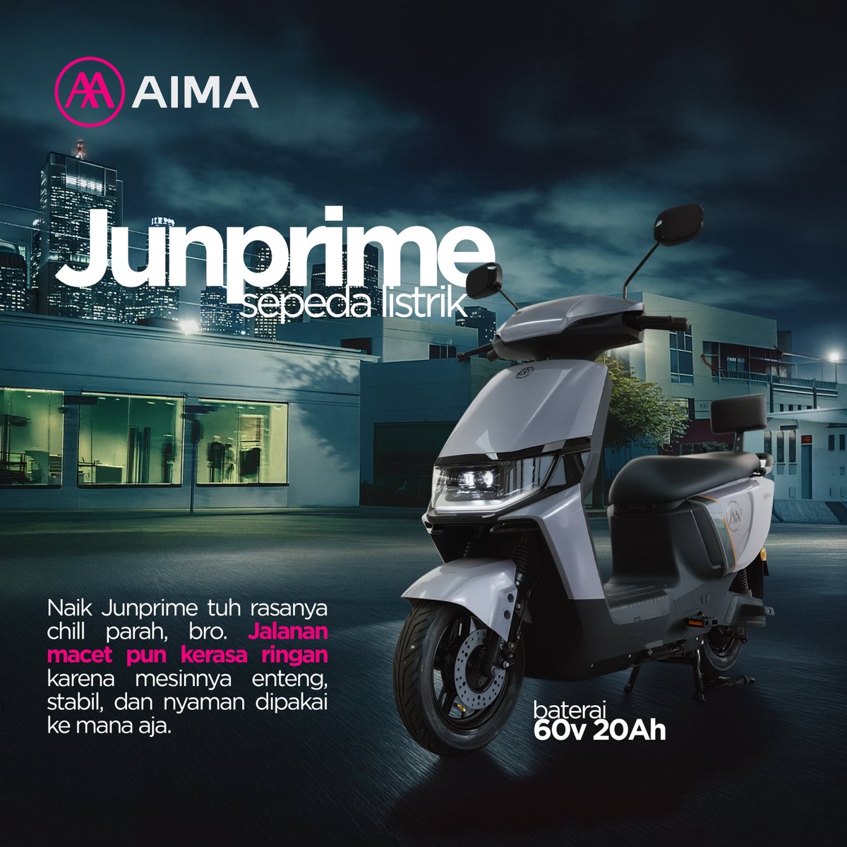 aimaindone's tweet photo. AIMA Junprime, rasa berkendara yang beda level
Mesin enteng, handling stabil, dan nyaman banget dipakai di jalanan kota.
Siap nemenin kamu beraktivitas tanpa drama dengan baterai 60V 20Ah yang awet!
#AIMAJunprime #SepedaListrik #AntiRibet #SmartMobility https://t.co/7iWIzo7NBj