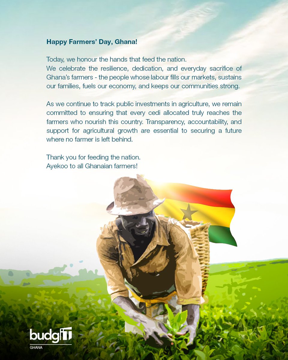 BudgITgh's tweet photo. "The ultimate goal of farming is not the growing of crops, but the cultivation and perfection of humans.”_Masanobu Fukuoka✍️

On this day, we honour Ghana’s farmers and the values they cultivate: resilience, community, and nourishment.✨🤝🎉🎉

#FarmersDay
#Farmers2025
#FoodJustice
#Ghana