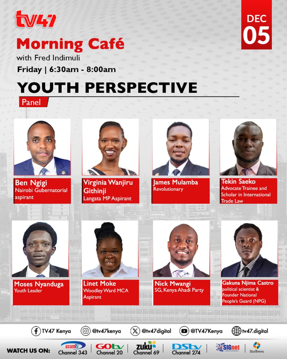 Your morning starts with insight! Join <a href="/Fredindimuli/">Fred Indimuli</a> on #MorningCafeTV47 as youth leaders and aspirants break down Kenya’s big issues.