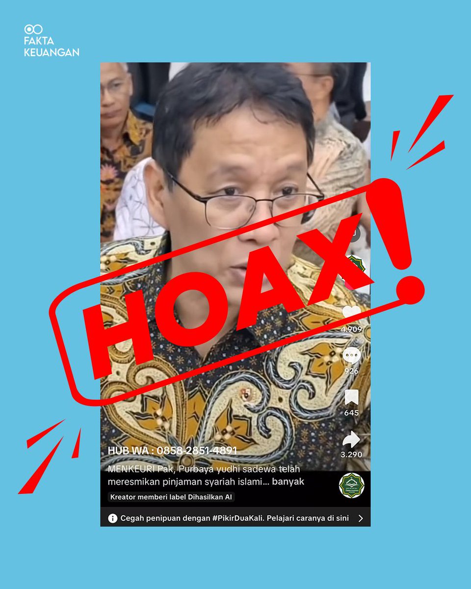 FaktaKeuangan's tweet image. 🚨 HOAX ALERT: DEEPFAKE MENKEU BEREDAR DI TIKTOK &amp;amp; IG!

Hati-hati, ada akun pinjmanmenkeuri_resmi di TikTok yang pakai deepfake mengatasnamakan Menkeu Purbaya Yudhi Sadewa untuk menawarkan pinjaman syariah.