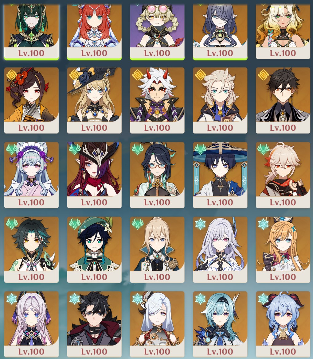 genshin_YTch's tweet image. というわけで弊ワットの全キャラレベル100になりました😇

ドールは…
そのうちやります！
無主の星屑はあるけど幻境のモチベがないので😭
