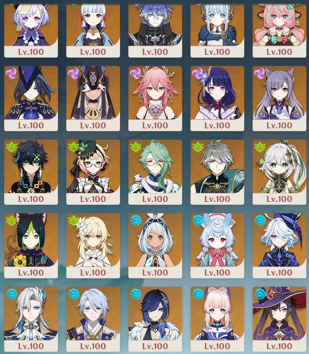 genshin_YTch's tweet image. というわけで弊ワットの全キャラレベル100になりました😇

ドールは…
そのうちやります！
無主の星屑はあるけど幻境のモチベがないので😭