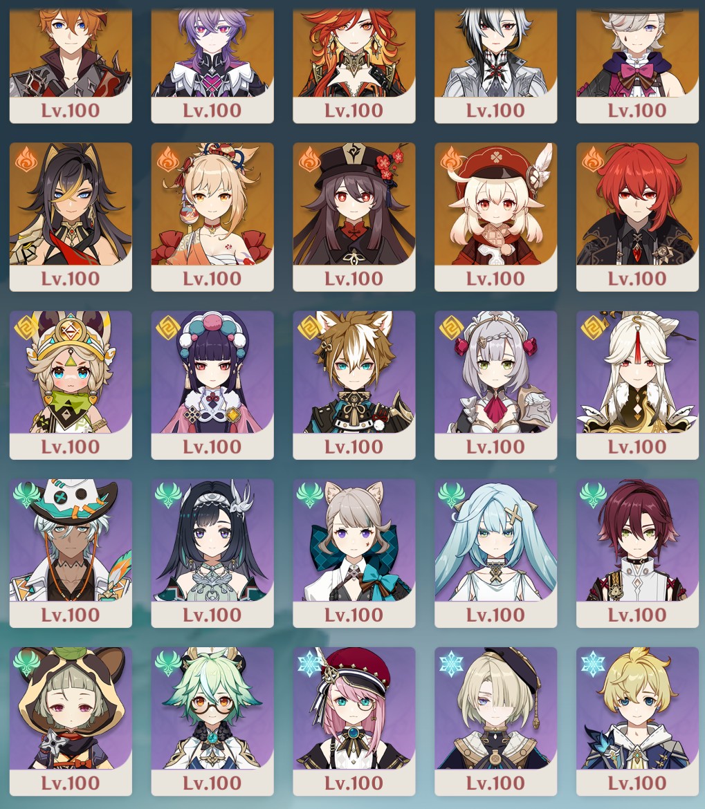 genshin_YTch's tweet image. というわけで弊ワットの全キャラレベル100になりました😇

ドールは…
そのうちやります！
無主の星屑はあるけど幻境のモチベがないので😭
