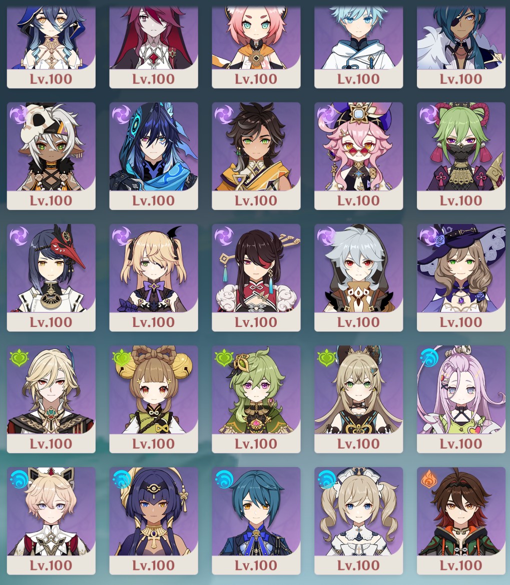 genshin_YTch's tweet image. というわけで弊ワットの全キャラレベル100になりました😇

ドールは…
そのうちやります！
無主の星屑はあるけど幻境のモチベがないので😭