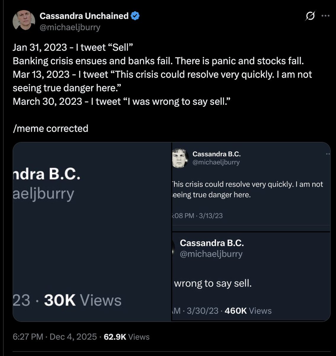 Michael Burry has said: Jan 31, 2023 - I tweet “Sell” Banking crisis ensues  and banks fail. There is panic and stocks fall. Mar 13, 2023 - I tweet  “This crisis could