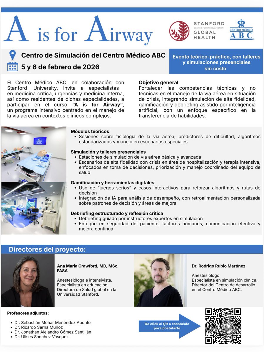 Amigos residentes y adscritos de Urgencias, MI, UTI y personal que maneja vía aérea

Haremos un curso en colaboración con la universidad de Stanford en el Centro de desarrollo de ABC Santa Fe! 
El curso es gratis! Solo es registrarse 

docs.google.com/forms/d/e/1FAI…
