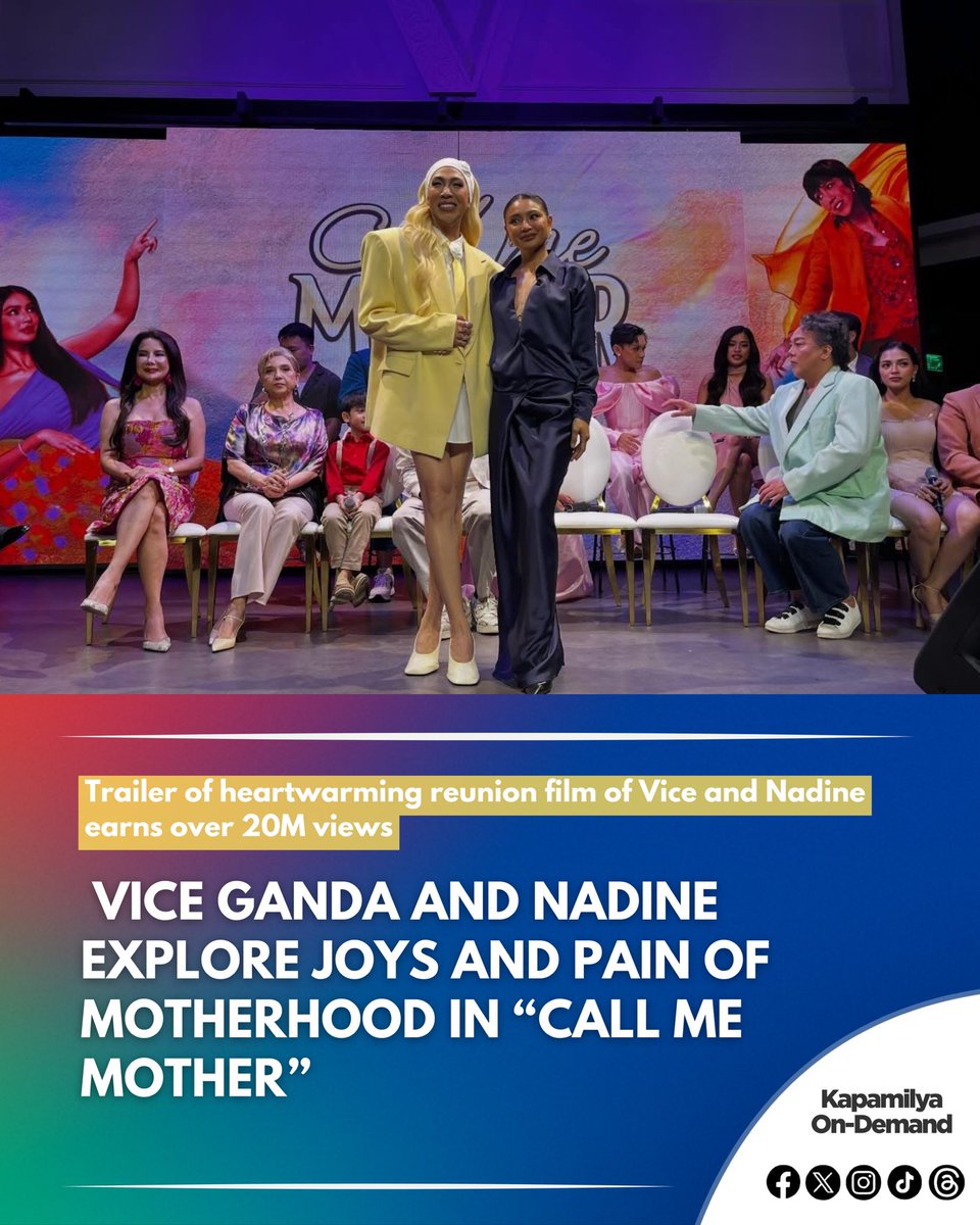 kodupdate's tweet photo. LOOK: Vice Ganda and Nadine Lustre mark their highly anticipated reunion in a comedy-drama film about a mother’s unconditional love in “Call Me Mother,” an official entry to the 51st Metro Manila Film Festival, out in cinemas beginning December 25.

The movie’s official trailer earned a total of 20 million views after more than 24 hours across social media platforms and the hashtag #CallMeMotherFullTrailer was the top trending topic nationwide following the trailer release on December 2.

Helmed by award-winning filmmaker Jun Robles Lana, the movie delves into the complexities of unwavering love, commitment, and sacrifice throughout motherhood that will warm the hearts and bring joy to families this Christmas season.

“Call Me Mother” is a story about two mothers Twinkle (Vice) and Mara (Nadine). Twinkle is a former queen maker turned adoptive, loving queer mother to Angelo (Lucas Andalio) who proves that motherhood isn’t about biology but about choosing love and devotion. 

On the other hand, Mara, Angelo’s biological mom, is a former teen pageant prodigy turned high-fashion model who lives with deep regret when she made the life-changing decision to abandon Angelo in order to follow her dreams.

Twinkle reaches out to Mara to finalize the adoption that will allow him to bring Angelo to his new job abroad. However, Mara will only agree to sign the adoption papers if Twinkle helps her win the biggest beauty pageant in the country.

From a reluctant parent to fully embracing motherhood, can Twinkle live up to his end of the bargain with Mara despite her growing closeness to Angelo?

The film also stars “Pinoy Big Brother Celebrity Collab” housemates Klarisse De Guzman, Mika Salamanca, Brent Manalo, Esnyr Ranollo, River Joseph, and Shuvee Etrata, as well as Chanda Romero, Carmi Martin, Ces Quesada, John “Sweet” Lapus, MC Muah, Iyah Mina, Jennifer Sevilla, Robert Ortega, Tanya Gomez, and Divine Tetay.

“Call Me Mother” is produced by Star Cinema, The IdeaFirst Company, and Viva Films. 

Embrace a mother’s love in all of its forms in “Call Me Mother” - in cinemas nationwide beginning December 25.

#CallMeMother #ViceGanda #NadineLustre #MMFF51 #MMFF2025