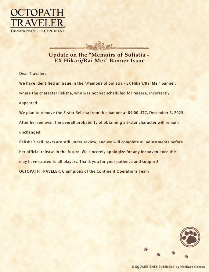 octopath_cotc's tweet image. Update on the "Memoirs of Solistia - EX Hikari/Rai Mei" Banner Issue|