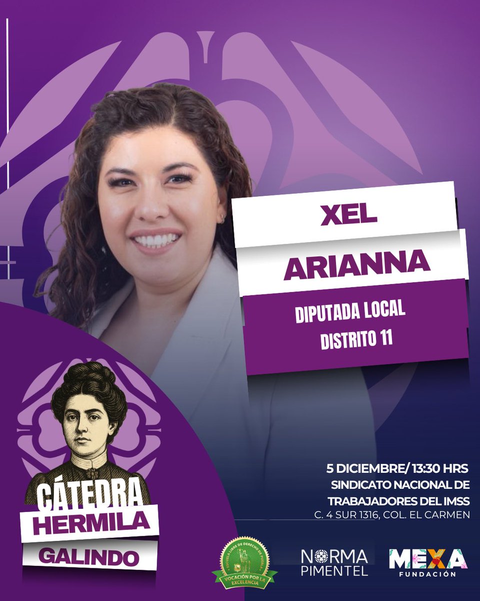 💜 Presentamos a la diputada <a href="/xelariannah/">Xel Arianna Hernández</a> , ponente en la Cátedra Hermila Galindo.
Traerá su experiencia legislativa a un espacio dedicado a amplificar la voz de mujeres que construyen cambio. 🏛️✨

#CátedraHermilaGalindo #MujeresEnPolítica #IgualdadSustantiva #Liderazgo #Puebla
