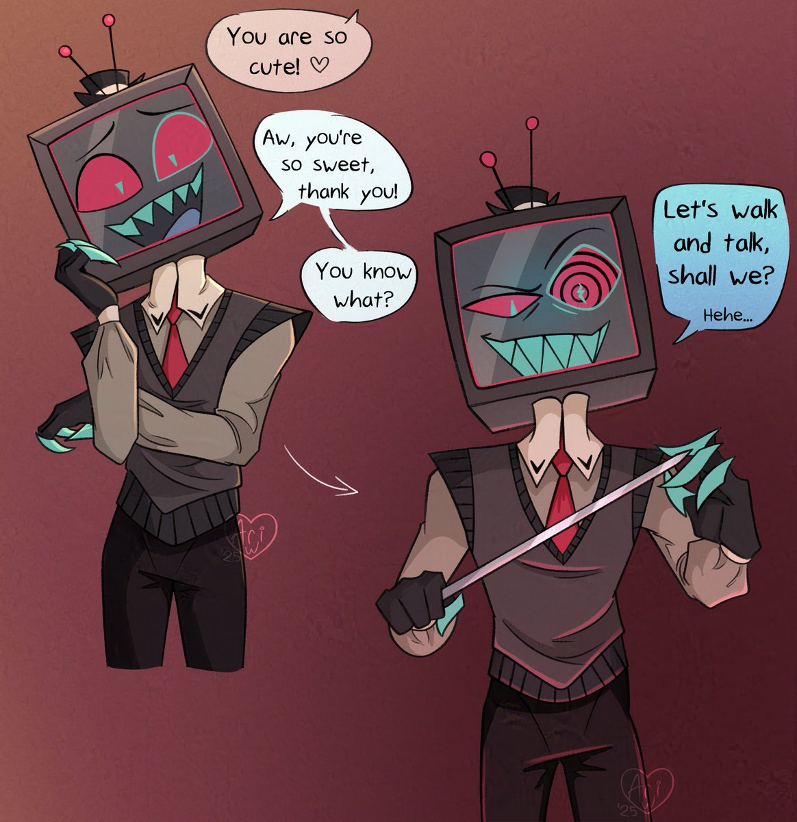 Listen I also think Past Vox is very cute but I feel like the fandom is forgetting he's still the same fucked up evil man he's always been.  

#HazbinHotel  #vox #pastvox