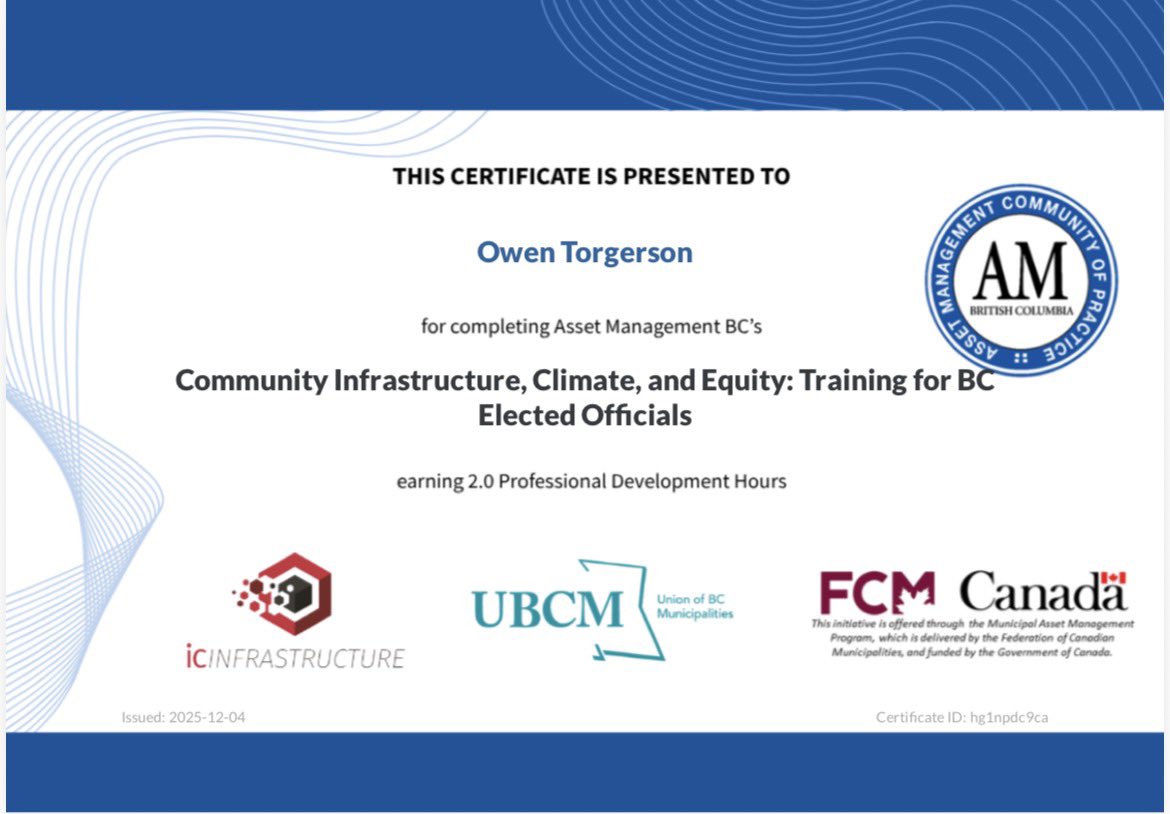 OwenTorgerson's tweet image. Of all the responsibilities of local government officials, continual learning is certainly high up there! Thank you @ubcm  for steering this #assetmanagement course thru the #Compass publication!