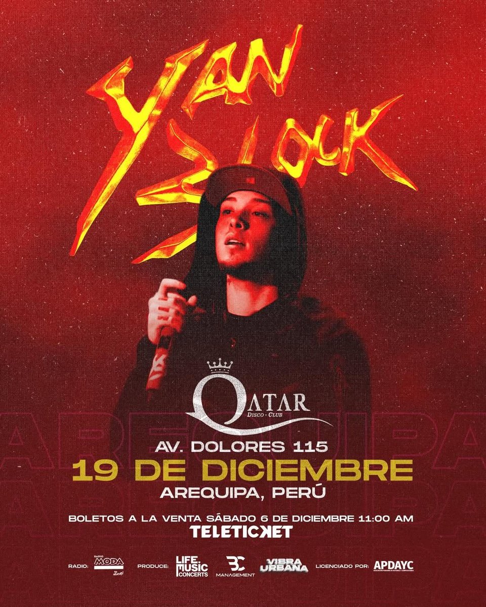 NosFuimosdeTour's tweet photo. ¡YAN BLOCK EN AREQUIPA ! Uno de los artistas más exitosos a nivel mundial. LLEGA AREQUIPA, El Show más esperado del año. Este 19 DICIEMBRE, en QATAR DISCO CLUB 💥

https://t.co/2X0scdMigj

PREVENTA 6 y 7 DICIEMBRE desde las 11AM en TLK. ¡Así que prepárate para asegurar tu entrada https://t.co/63K65ygkM6
