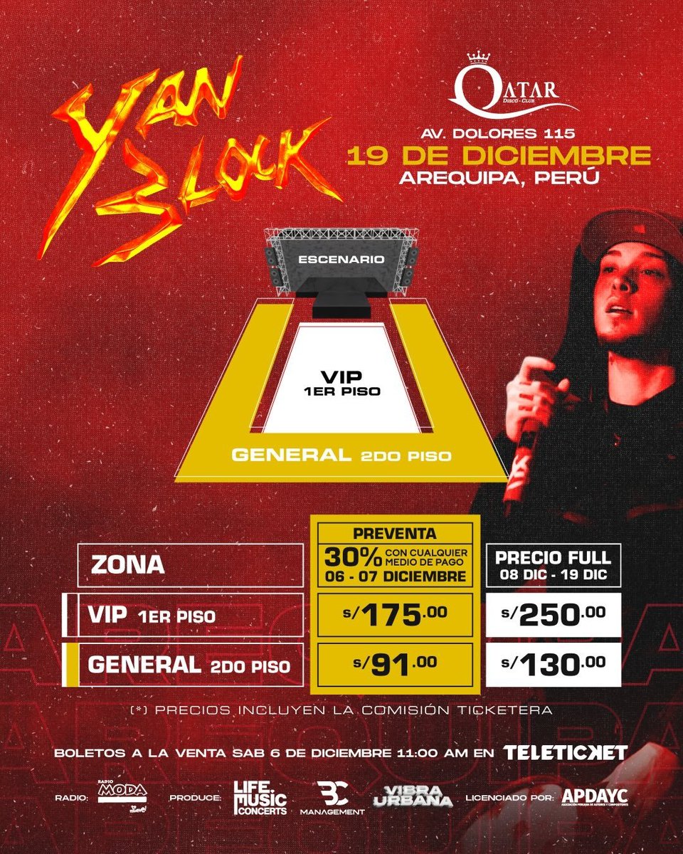 NosFuimosdeTour's tweet photo. ¡YAN BLOCK EN AREQUIPA ! Uno de los artistas más exitosos a nivel mundial. LLEGA AREQUIPA, El Show más esperado del año. Este 19 DICIEMBRE, en QATAR DISCO CLUB 💥

https://t.co/2X0scdMigj

PREVENTA 6 y 7 DICIEMBRE desde las 11AM en TLK. ¡Así que prepárate para asegurar tu entrada https://t.co/63K65ygkM6