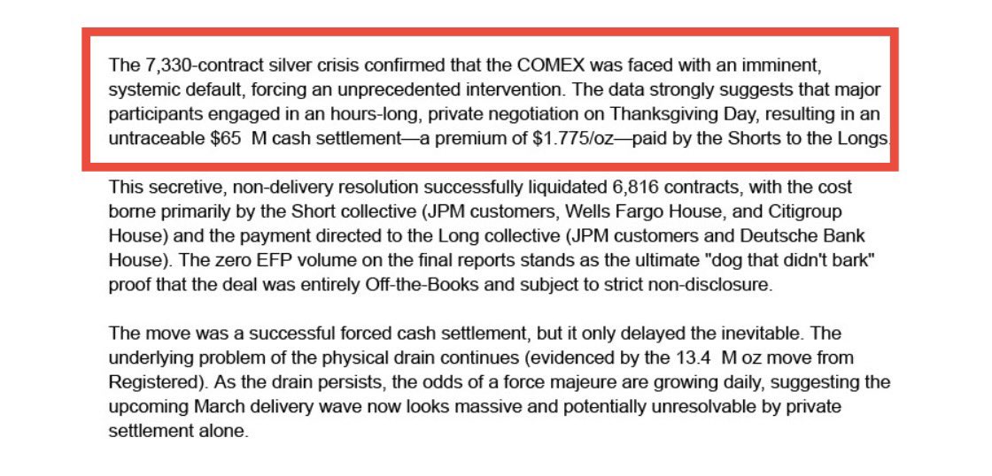 WSBGold's tweet image. 🚨 Silver Shockwave Hits the System.

Ten hours of CME servers having mysterious “cooling issues” on a freezing Thanksgiving night set the stage for eruption. 

COMEX forced 6186 contracts into EFP cash-settlement with a rich $1.775 premium, while JPM shifted 13.4M oz from…