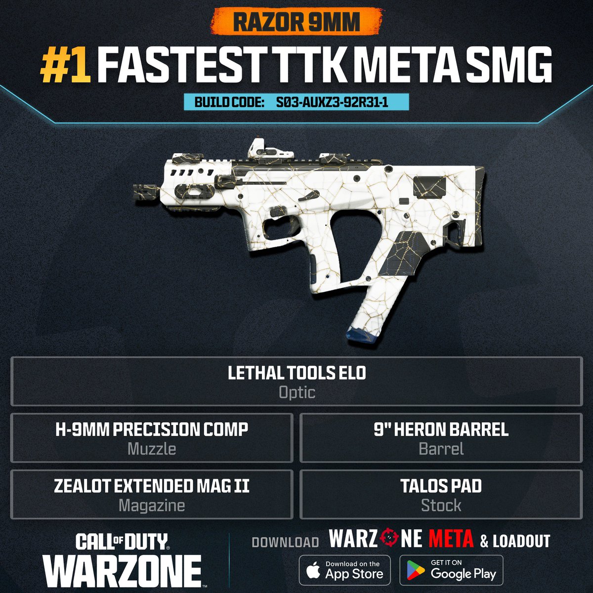 WZStatsGG's tweet photo. ‼️🚨 #1 FASTEST TTK SMG IN WARZONE 🚨‼️

🥇 The RAZOR 9MM is the FASTEST KILLING SMG in #Warzone Season 1!

📊 TTK: 540ms
✅ Very Fast ADS Speed
✅ High Mobility
✅ Fast Fire Rate

🔫 In-Game Build Code: S03-AUXZ3-92R31-1 https://t.co/PoJP3h6HPT