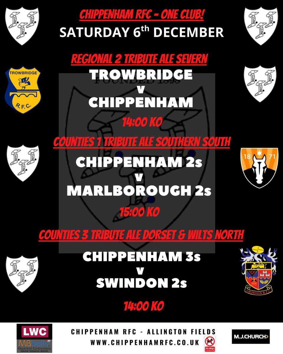 🍟🤍🖤 Your senior men’s matches this weekend!

Sunday matches:
U12 boys: Away v Bath
U13 boys: Away v Combe Down
U14 boys: Away v Bradford-on-Avon
U15 boys: Away v Oakmedians (D&amp;W)
U16 boys: Away v Cleve (Bristol Combination Plate)
Chippenham U14 Girls v Ashley Down KO 14:00