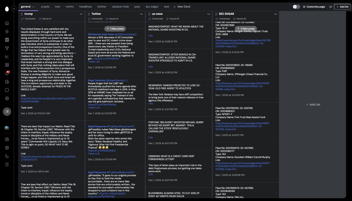 "What's StreamDeck?"

It's a screen layer for traders with AI filters.

This modular multi-column tape sets column to show one or more news streams. Shuffle, mute, add, set alerts or even use prompt-based AI filters. Scrape everything, then use StreamDeck to filter what you see.