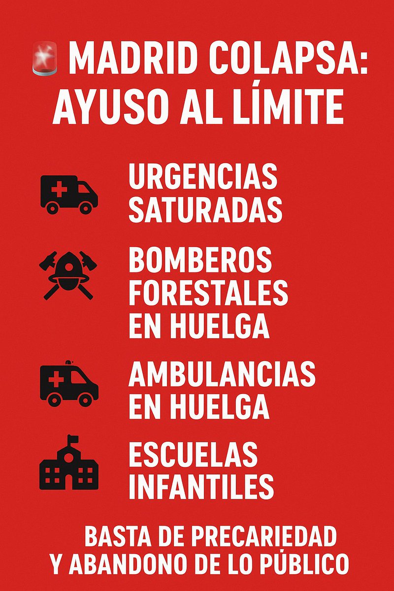 <a href="/MesaDefensaSani/">ⓂEDSAP #MareaBlanca</a> <a href="/SanidadEnLucha/">Sanidad En Lucha</a> <a href="/NoroesteSanidad/">Plataforma Sanidad S. Guadarrama</a> <a href="/CCOOSanidadMad/">CCOO Sanidad Madrid</a> <a href="/AuditaSanidad/">Audita Sanidad</a> <a href="/iusalud/">IU Salud 🔻</a> <a href="/mareablancaESP/">Marea Blanca Estatal</a> <a href="/IU_Madrid/">IU Madrid🔻</a> <a href="/BBFFMadrid/">Bomberos Forestales Comunidad de Madrid</a> <a href="/BbffCam/">BBFF CAM</a> <a href="/BomberosCM/">Bomberos CM</a> <a href="/bomberos_infoma/">Bomberos Forestales CBCM</a> <a href="/TbbffUg/">UGT Bomberos Forestales Madrid</a> <a href="/CCOOBomberosCM/">CCOO Bomberos CM</a> <a href="/IU_Sierra/">IU Sierra Guadarrama 🔻🌈</a> <a href="/PCESierraGuada/">PCE Sierra Guadarrama</a> <a href="/VenaMareaVerde/">Marea Verde Madrid ¡#MatricúlateEnLaPública!</a> <a href="/EsMareaVerde/">Marea Verde</a> <a href="/SoyPublica/">Soy Pública</a> <a href="/DefiendeloP/">DefiendeloPúblico #Antifascista</a> <a href="/ccoouniversidad/">CCOO Universidad</a> <a href="/CCOOEducaMa/">Educación CCOO Madrid</a> <a href="/SindicaEstudian/">Sindicato de Estudiantes 🇵🇸</a> 🧨 No son errores. Es un modelo que desmantela lo público y favorece el negocio privado. Madrid colapsa. #MadridColapsa #LoPúblicoSeDefiende #IUGalapagar #AyusoAPrisión7291 #AyusoDimision