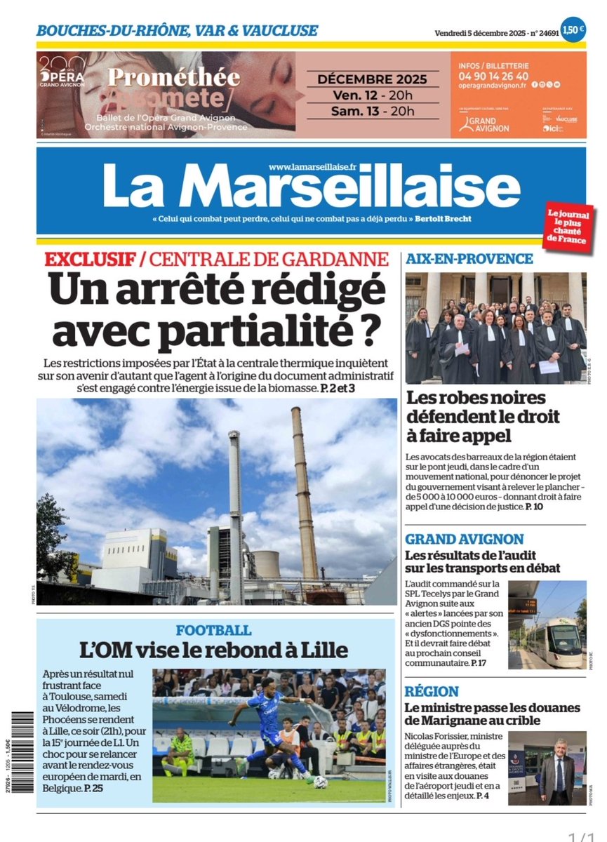 #ÀlaUne du 5 décembre 2025 #Centrale #Gardanne #État #OM #Lille #Avocats #GrandAvignon #Aéroport #Douanes 
En kiosque et par abonnement sur lamarseillaise.fr