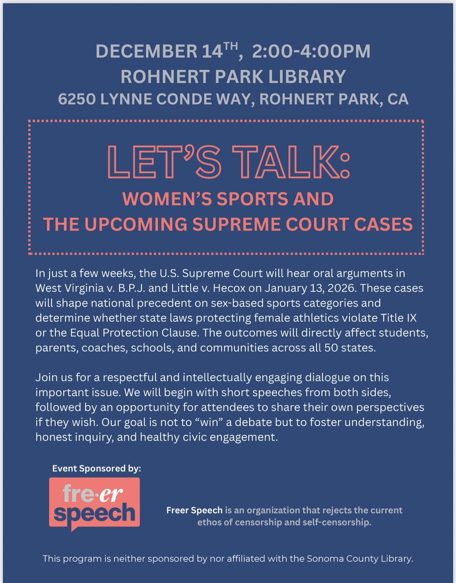 Calling those who assert males can believe their way into the female sex to debate your position on 12/14 in Rohnert Park. Politicians who vote to keep males in female spaces are most welcome. ⁦<a href="/CAgovernor/">Governor Gavin Newsom</a>⁩ ⁦<a href="/Scott_Wiener/">Senator Scott Wiener</a>⁩ ⁦<a href="/CarolineMenjiv3/">Caroline Menjivar</a>⁩ ⁦⁦<a href="/AsmRickZbur/">Assemblymember Rick Chavez Zbur</a>