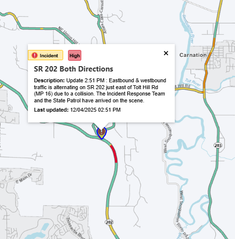UPDATE: On SR 202 just east of Tolt Hill Road (MP 16), traffic is