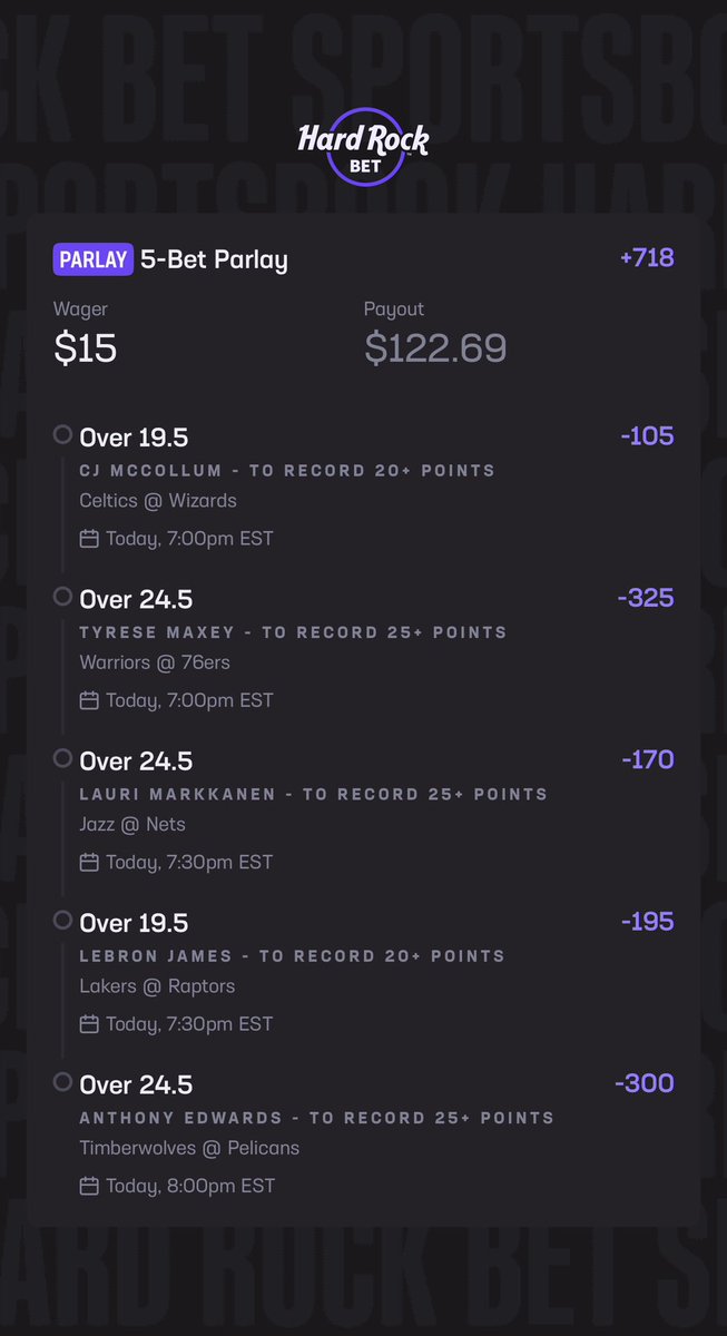 🔥 5-Leg Parlay Locked In 🔥
$15 ➡️ $122.69 💰 (+718)

CJ McCollum Over 19.5 🔒
Tyrese Maxey Over 24.5 🔒
Lauri Markkanen Over 24.5 🔒
LeBron James Over 19.5 🔒
Anthony Edwards Over 24.5 🔒

20 &amp; 25 point boys for tonight 
Let’s cash tonight 🤑💚