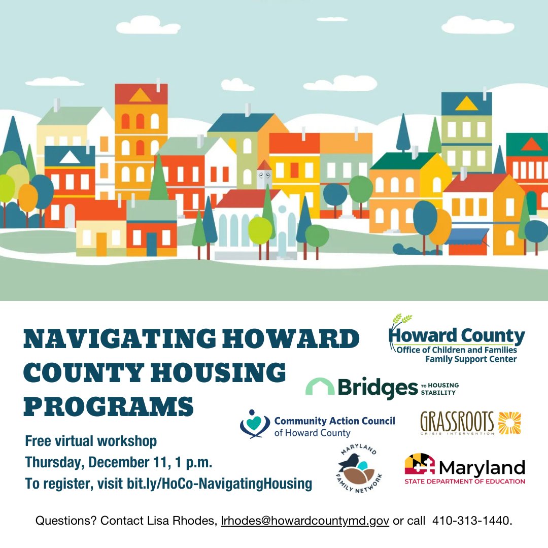 #HoCoChildrenandFamilies hosts free virtual workshops for parents &amp; caregivers in #HoCoCommunity.

Dec 8, 7 p.m.: Parenting Apart, Working Together.
Dec 11, 1 p.m.: Navigating Howard County Housing Programs.

Register: bit.ly/HoCo-Parenting… /  bit.ly/HoCo-Navigatin…