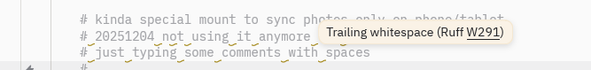 karlicoss's tweet photo. Tried using Zed editor everyone is hyping up rn - it's kind of laggy (even though the selling point is that it has very little latency??) - started randomly highlighting every space in my comments a warning Yeah ok... back to vim I guess https://t.co/WGZzBajxxw