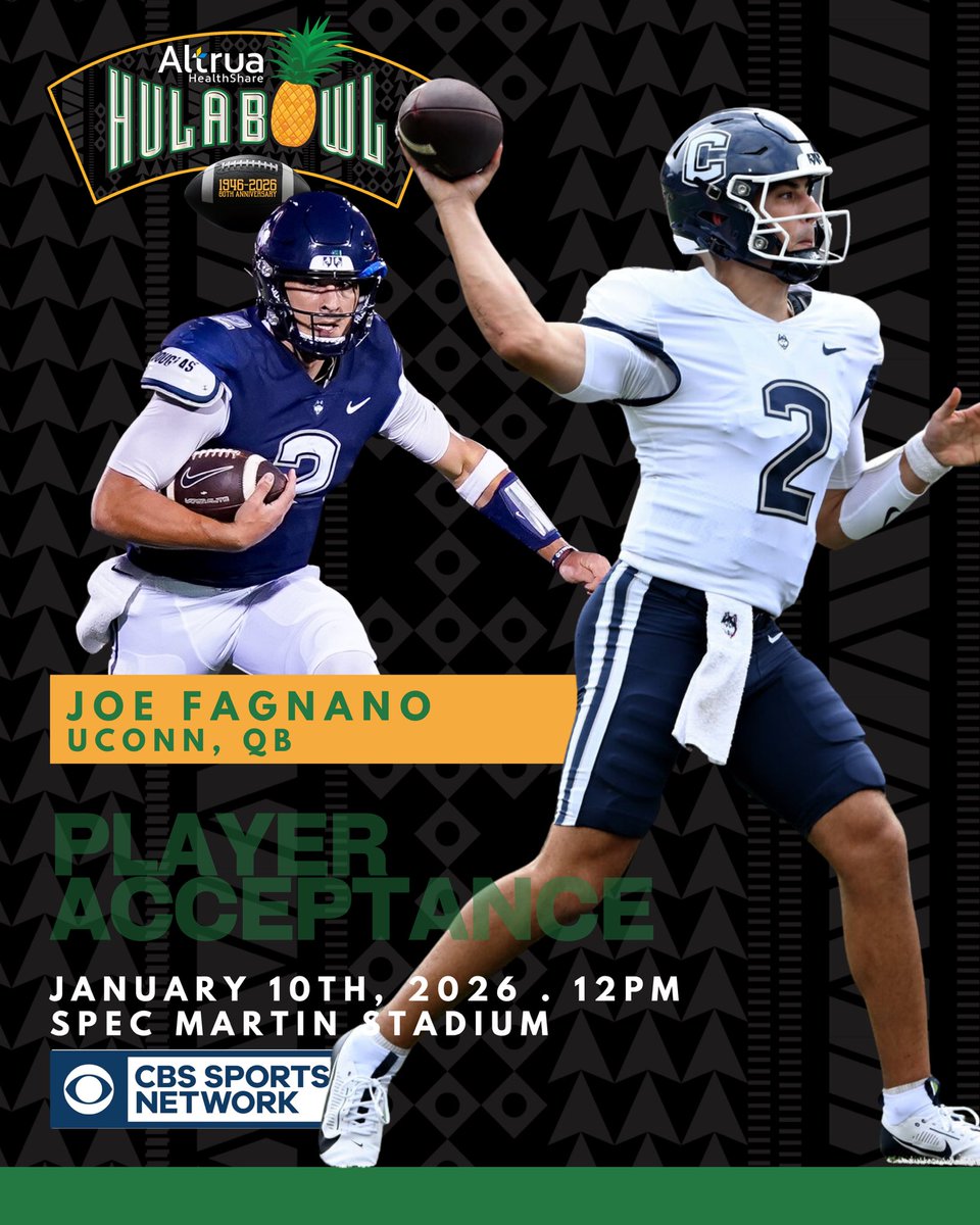 Hula Bowl Bound!! <a href="/joefagnano/">Joseph Fagnano</a> has officially accepted his invite to the 2026 Altrua HealthShare Hula Bowl All-Star Game!! <a href="/UConnFootball/">UConn Football</a>