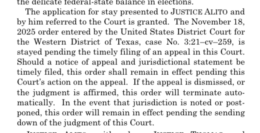 kyledcheney's tweet image. BREAKING: The Supreme Court has permitted Texas to keep its newly redistricted, GOP-favorable congressional map in 2026.

Kagan, Sotomayor and Jackson dissent.

s3.documentcloud.org/documents/2633…