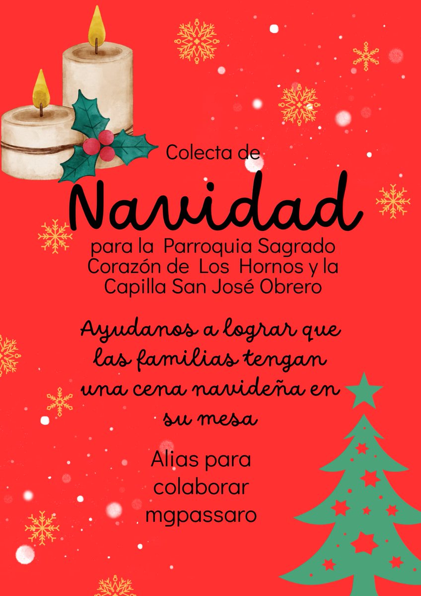 COLECTA NAVIDEÑA 

Seguimos juntando para los comedores de la Parroquia Sagrado Corazón De Los Hornos y la Capilla San José Obrero.
Para que nadie quede sin un plato en su mesa el 24 a la noche, para no dejar a las familias sin tener su Navidad.

ALIAS: mgpassaro