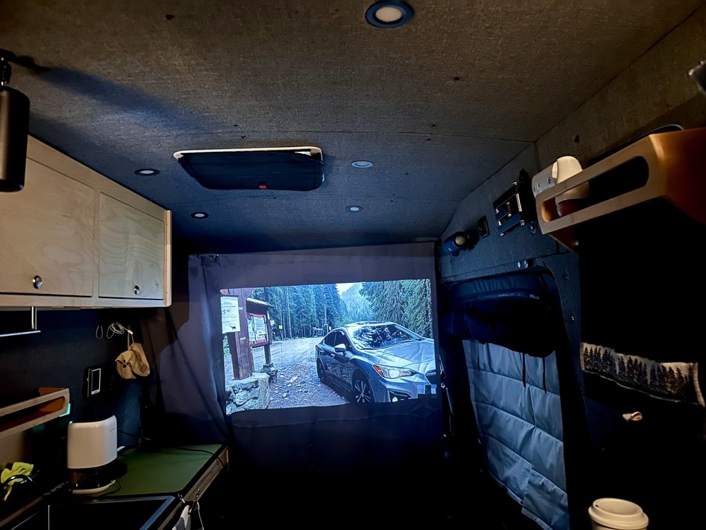 Van life movie night on a rainy day.