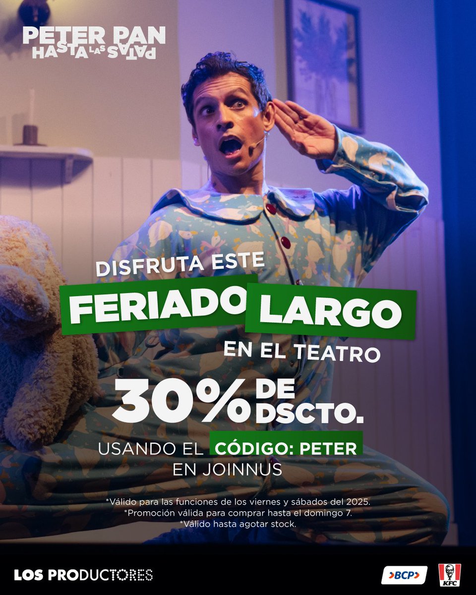 DISFRUTA ESTE FERIADO LARGO con #PeterPanHastaLasPatas 🧚‍♀️ 

Aprovecha 30% de dscto usando el código: PETER en Joinnus 🙌🏻

❗️2 ÚLTIMAS SEMANAS❗️🚨 LAS ENTRADAS ESTÁN VOLANDO🚨
*Apta para mayores de 14 años

*Válido para las funciones de los viernes y sábados del 2025. 
*Promo