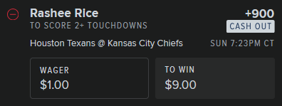 betwith1dollar's tweet photo. @Dataman422 Houston Texans @ Kansas City Chiefs

Rashee Rice: 2+ Touchdowns; +900

#canyouevenfadethispick https://t.co/4P0xWfXGa1