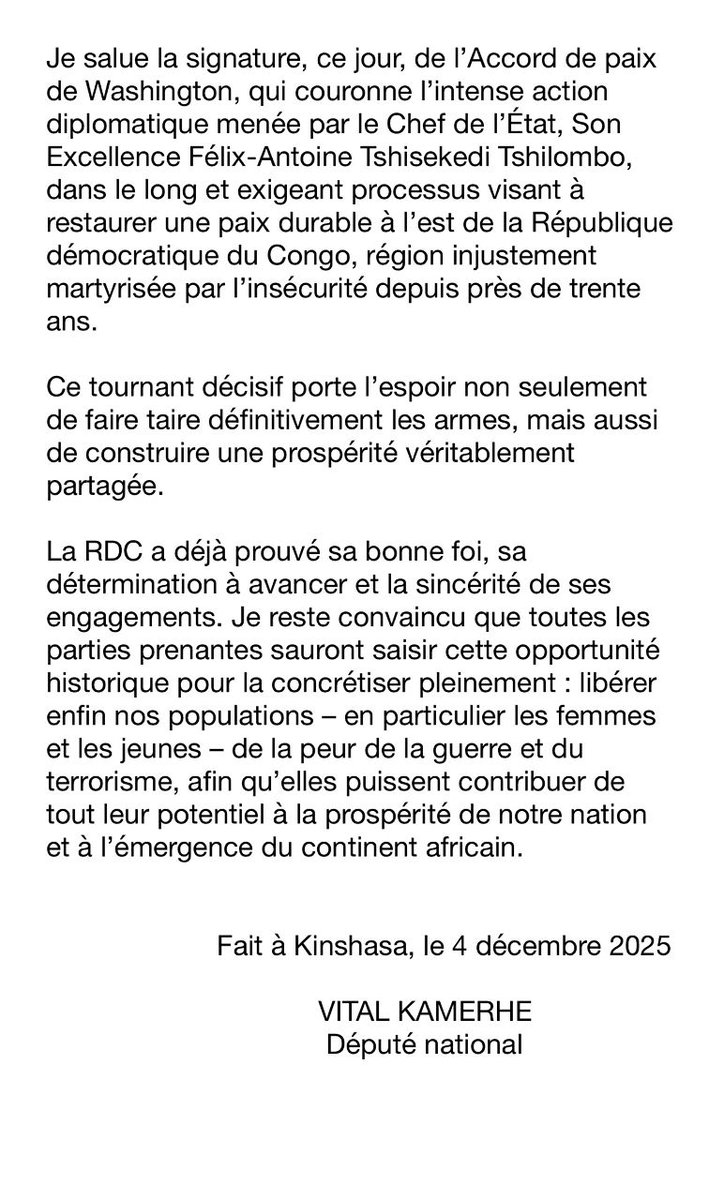 VitalKamerhe1's tweet image. Mon message à l'occasion de la signature de l'accord de paix entre la République démocratique du Congo et le Rwanda, ce jeudi 4 décembre 2025.