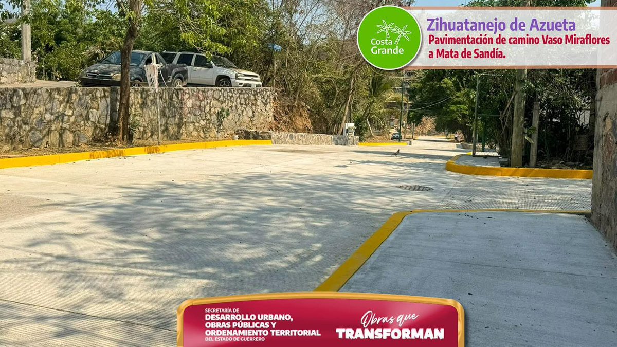 La pavimentación del camino Vaso Miraflores – Mata de Sandía en Zihuatanejo de Azueta, es un reflejo de las #ObrasQueTransformanque brindan un tránsito más seguro y eficiente para las y los habitantes de esta zona. Así, seguimos generando rutas dignas para todas y todos.