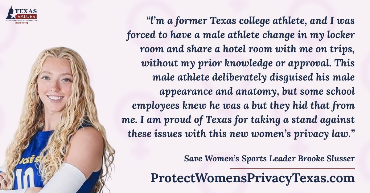 Save Women’s Sports Leader Brooke Slusser on The Texas Women's Privacy Act! A Law to Protect Women in their Private Spaces That Goes into Effect Today 

“l’m a former Texas college athlete, and I was forced to have a male athlete change in my locker room and share a hotel room