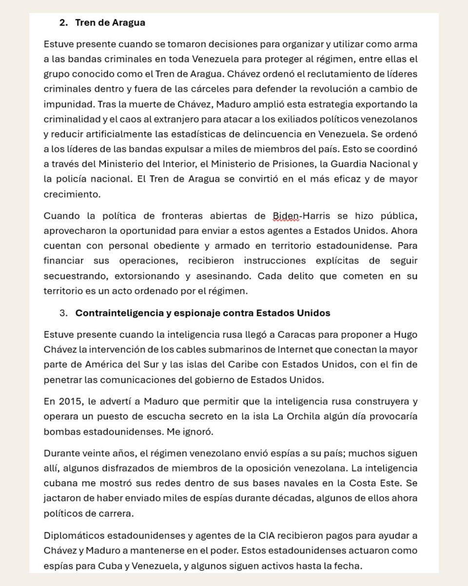 patriciajaniot's tweet photo. 🚨 Hugo, "el Pollo" Carvajal" dijo que el régimen de Maduro dirige una "guerra narcoterrorista" contra Estados Unidos. Estos son los puntos clave de la carta que le envió al presidente Donald Trump.  👇

Cocaína como arma de estado: Carvajal asegura que el régimen de Maduro convirtió a Venezuela en una "organización narcoterrorista" y usa la cocaína "como arma" deliberada contra Estados Unidos. Los envíos de droga son "políticas deliberadas", no simples actos de corrupción.

Alianzas globales del terror: el régimen de Caracas colabora con organizaciones como:
FARC y ELN.
Inteligencia Cubana.
Hezbollah.
Según Carvajal, el régimen suministró armas y pasaportes para que operaran impunemente.

El régimen creó al Tren de Aragua: le atribuye la organización a Hugo Chávez para "proteger al régimen". Maduro, luego, extendió esta estrategia para "exportar criminalidad" al extranjero.

Espionaje ruso y cubano en EEUU: el "Pollo" dijo que fue testigo de cómo agentes rusos propusieron a Chávez intervenir cables submarinos de internet para penetrar comunicaciones del gobierno estadounidense. Además, afirma que espías venezolanos y cubanos han infiltrado instituciones militares de EE. UU. durante 20 años.

Smartmatic y manipulación electoral: el exgeneral de inteligencia confirma que el sistema electoral Smartmatic fue una herramienta clave del régimen venezolano para manipular resultados. Esta tecnología, asegura, fue exportada, incluso a Estados Unidos.

https://t.co/xWxgt6KyiE