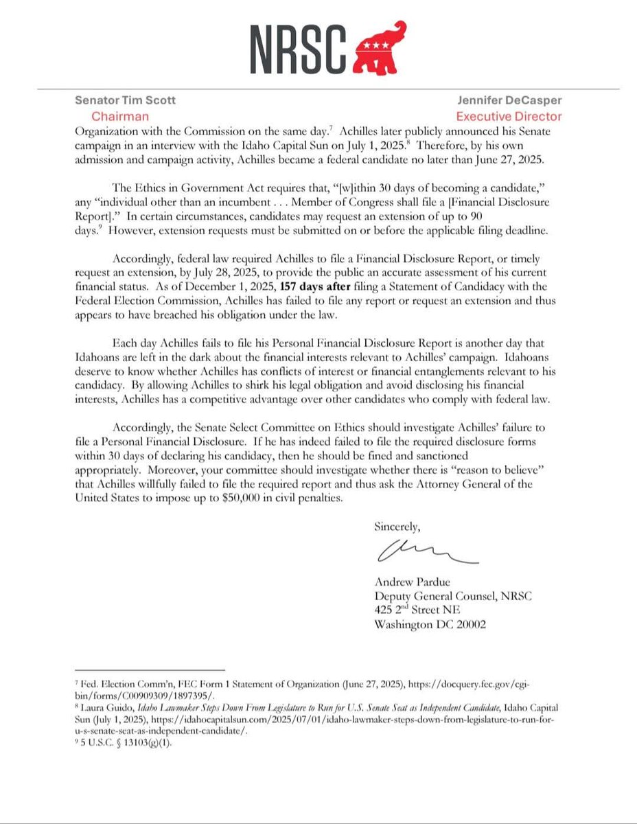 Looks like the <a href="/NRSC/">Senate Republicans</a>  just raised some serious questions about <a href="/Achilles4Idaho/">Achilles for Idaho | U.S. Senate 2026</a> and his decision to skip filing the required personal financial disclosure for his U.S. Senate run. Federal law gives candidates 30 days to file after entering a race. According to the documents,