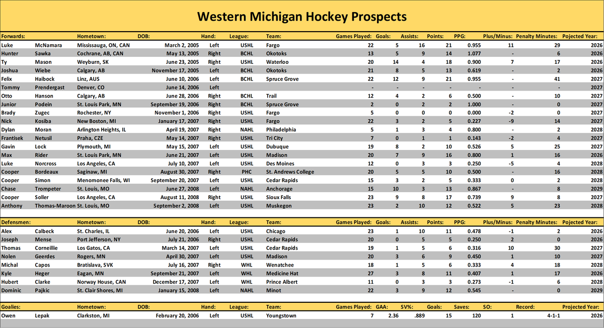FutureWMUPuck's tweet photo. Prospect Updates:
- All new commits have been added
- Teams are all up to date
- Projected year has changed for some prospects
- There are a few players I believe have decommitted, but I am waiting for an official announcement before I remove them from the list

#FutureBronco https://t.co/DczYN17g35