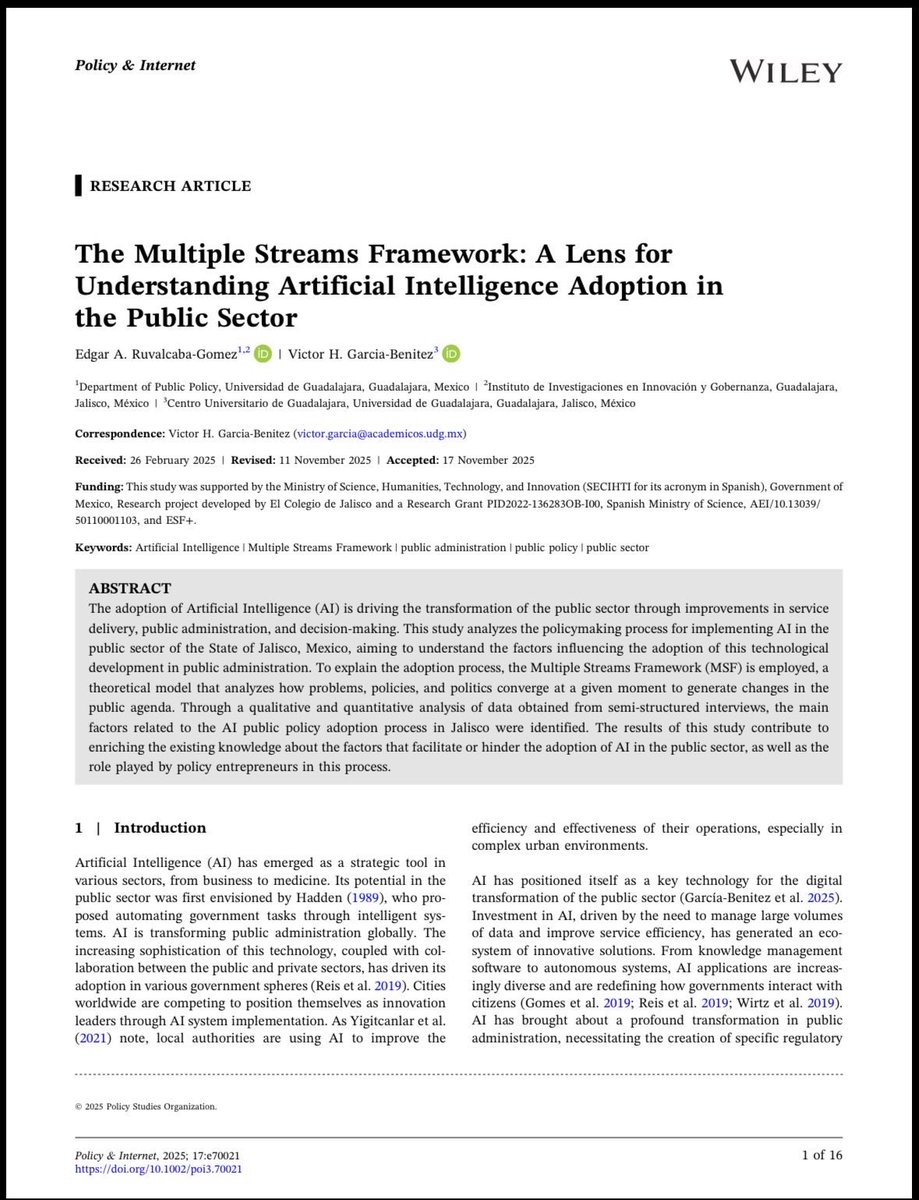 #NewArticle 
Recién publicado “The Multiple Streams Framework: A Lens for Understanding Artificial Intelligence Adoption in the Public Sector”, junto al Dr. <a href="/Victor_GarciaB/">Victor Garcia</a> 
Analizamos cómo se está adoptando la #IA en el sector público, #MSF #PublicPolicy

doi.org/10.1002/poi3.7…