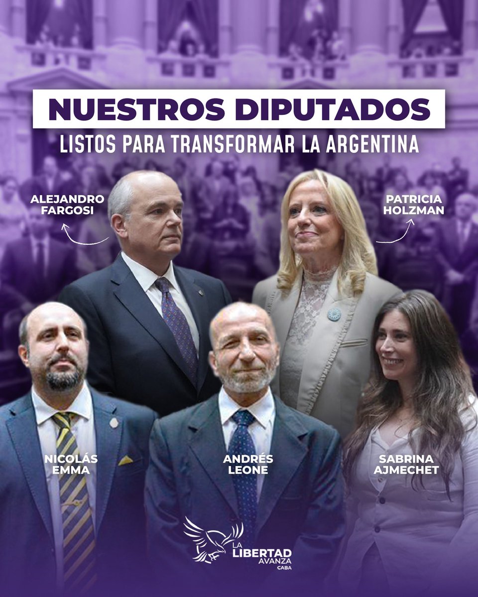 LLA_CABA's tweet image. ¡Orgullosos de los nuevos diputados nacionales de LLA CABA!

Listos para integrar el Congreso más reformista de la historia e impulsar, junto al presidente @JMilei, el cambio profundo que necesita la Argentina. VLLC!