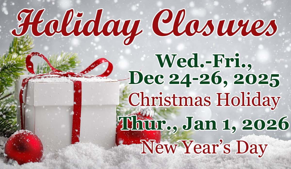 HTCColorado's tweet image. Our clinic, pharmacy, and admin offices will be closed next Wed-Fri., Dec 24-26, 2025 for the Christmas Holiday. We will also be closed on New Year's Day. Please contact us right away if you need support:  bit.ly/3Ir2x2y