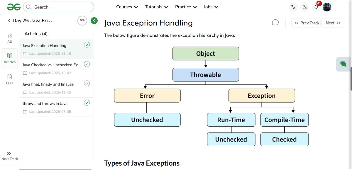 amanhaidry's tweet image. #Java from @geeksforgeeks 🚀
✅Exception Handling
✅Checked vs Unchecked Exception
✅Final, Finally and Finalize
✅Throw &amp;amp; Throws

#365DaysOfCode #JavaDev #GeeksforGeeks #gfg #nationskillup #skillupwithgfg #365DaysOfCoding
