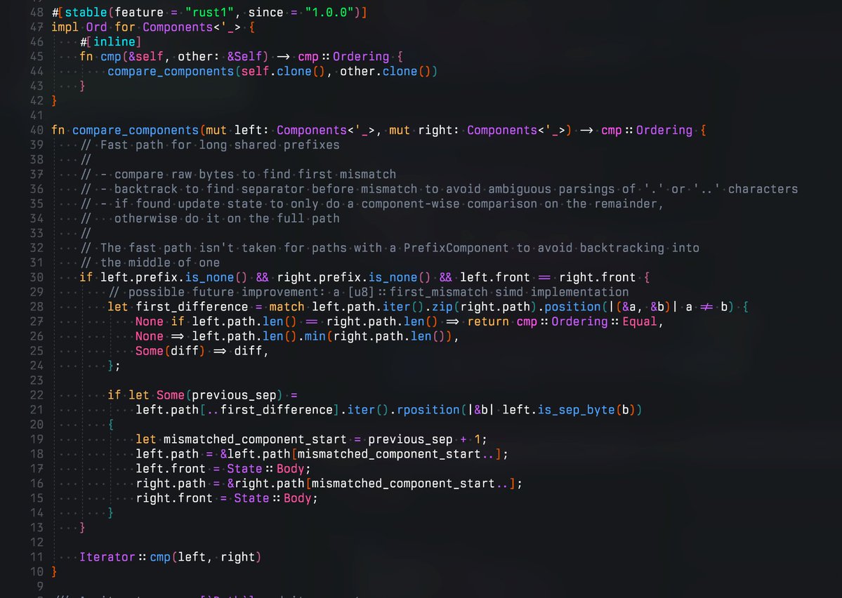neogoose_btw's tweet image. Today after a benchmarking I found that in Rust Path::cmp does THIS. 

It creates 3 different iterators but whats funny it PARSES both paths strings to create a components array

fff.nvim sync is now 6% faster by replacing Path::cmp with path.to_os_str().cmp