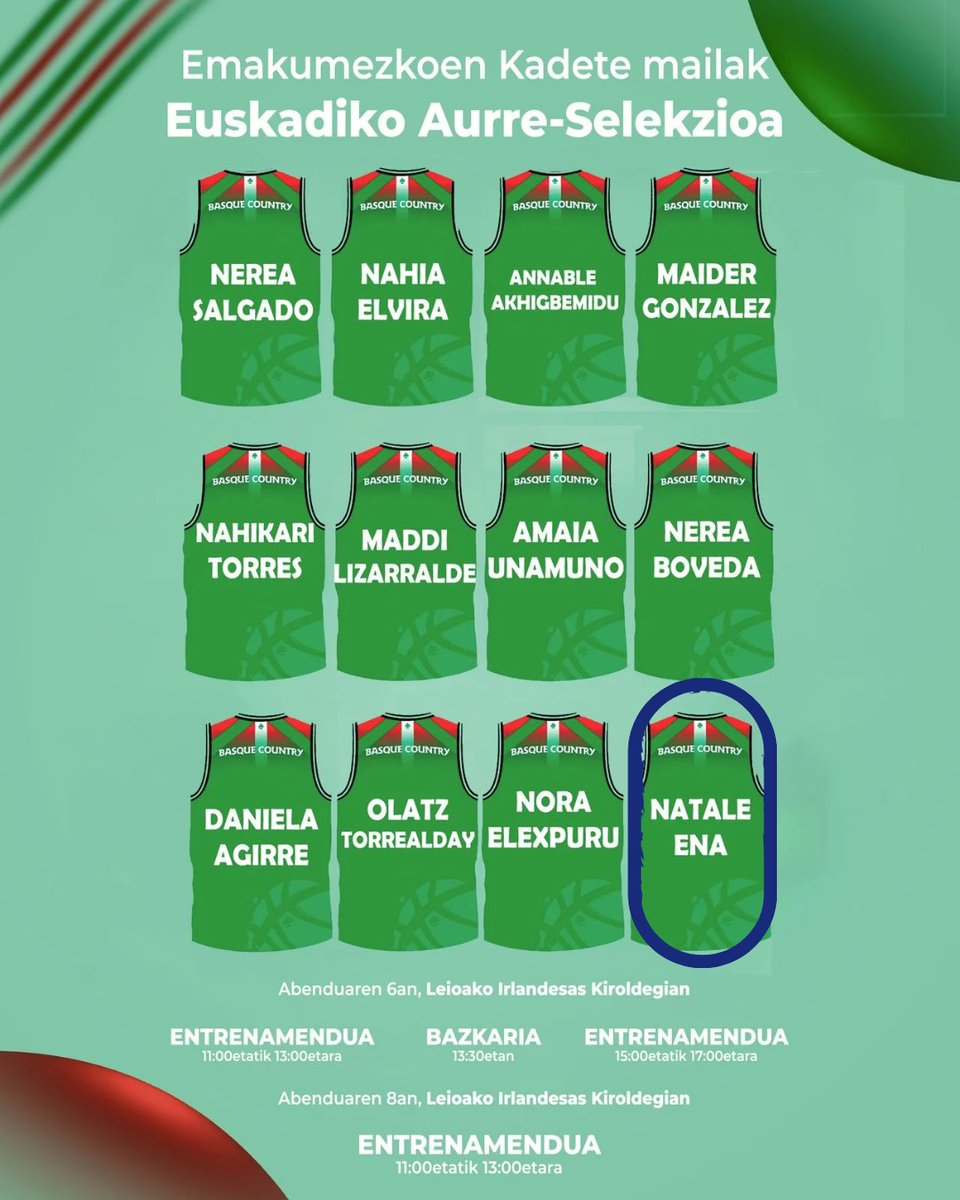 <a href="/Basketbasko/">Basketbasko</a> <a href="/fgbaloncesto/">GSF</a> <a href="/Ordiziako_Udala/">Ordiziako Udala</a> <a href="/GITBinfo/">Goierri Irrati Telebista</a> <a href="/goierriHitza/">Goierriko Hitza</a> 📌(EUS) Euskadiko Kadete nesken selekzioa ere, Autonomi arteko Espainiako txapelketa prestatzeko azken txanpan sartu da. Azken 12 jokalarien artean Natale Ena jarraitzen du. Zorionak Natale eta segi gozatzen!

▶️ instagram.com/p/DR3CH_6CGGQ/…

#Harrobia
#Basketbasko

📸 <a href="/Basketbasko/">Basketbasko</a>