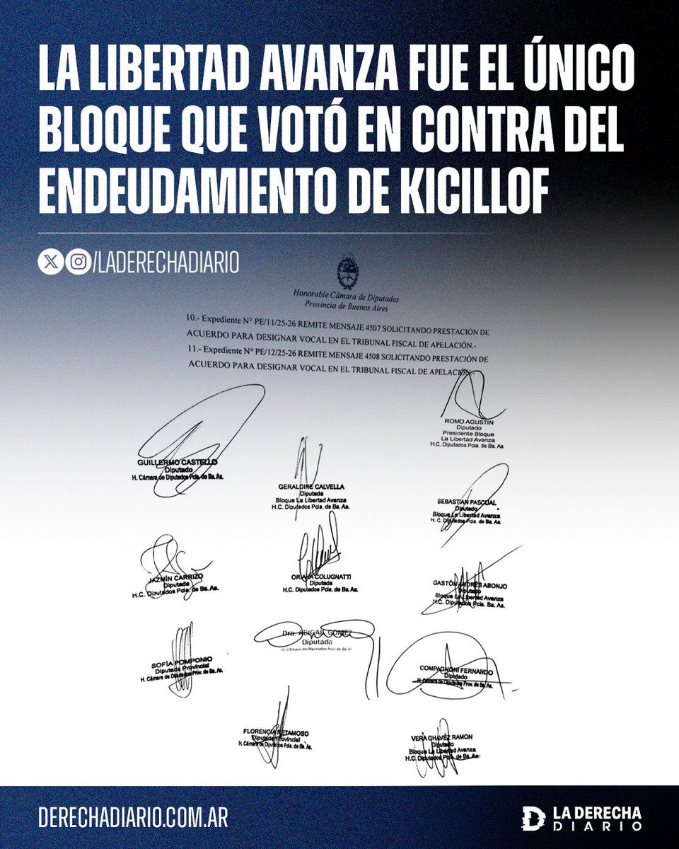 🚨🇦🇷 | La Libertad Avanza de Milei fue el único bloque que votó en contra del presupuesto del degenerado fiscal Axel Kicillof que aumenta el gasto un 20% respecto a 2025 y pide deuda por 3.035 millones de dólares.